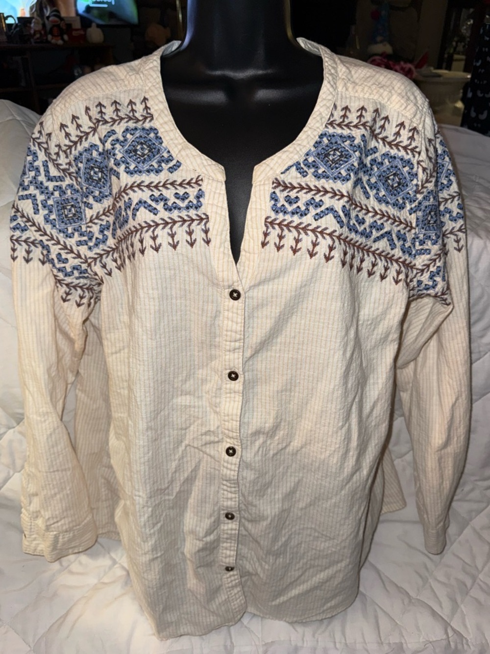 Bob Timberlake Embroider Striped Collarless Button Up